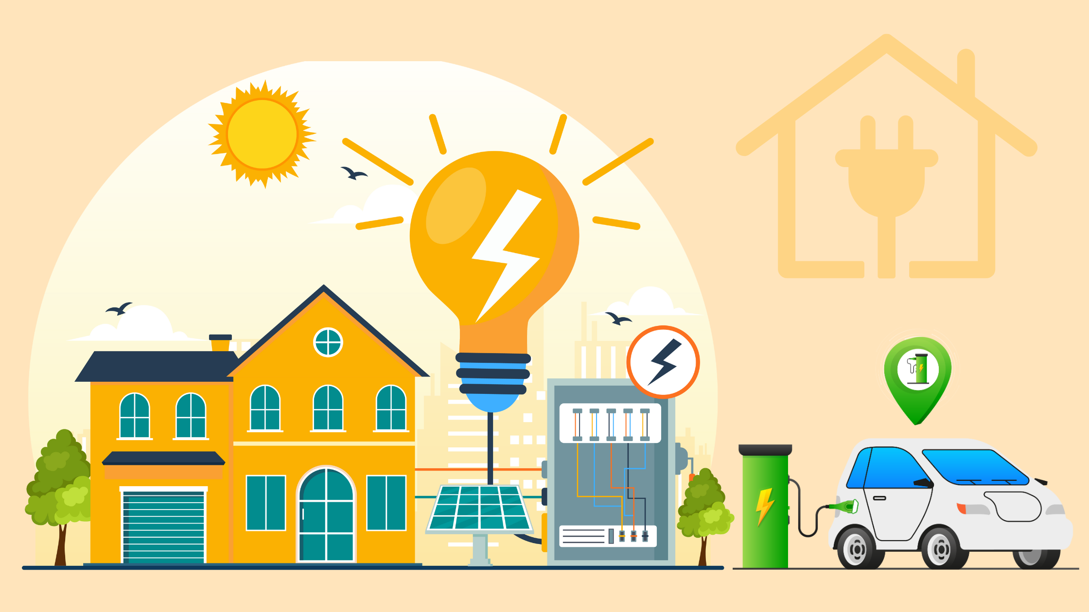An electric vehicle charging at a home with solar panels, representing sustainable living and reducing carbon emissions.